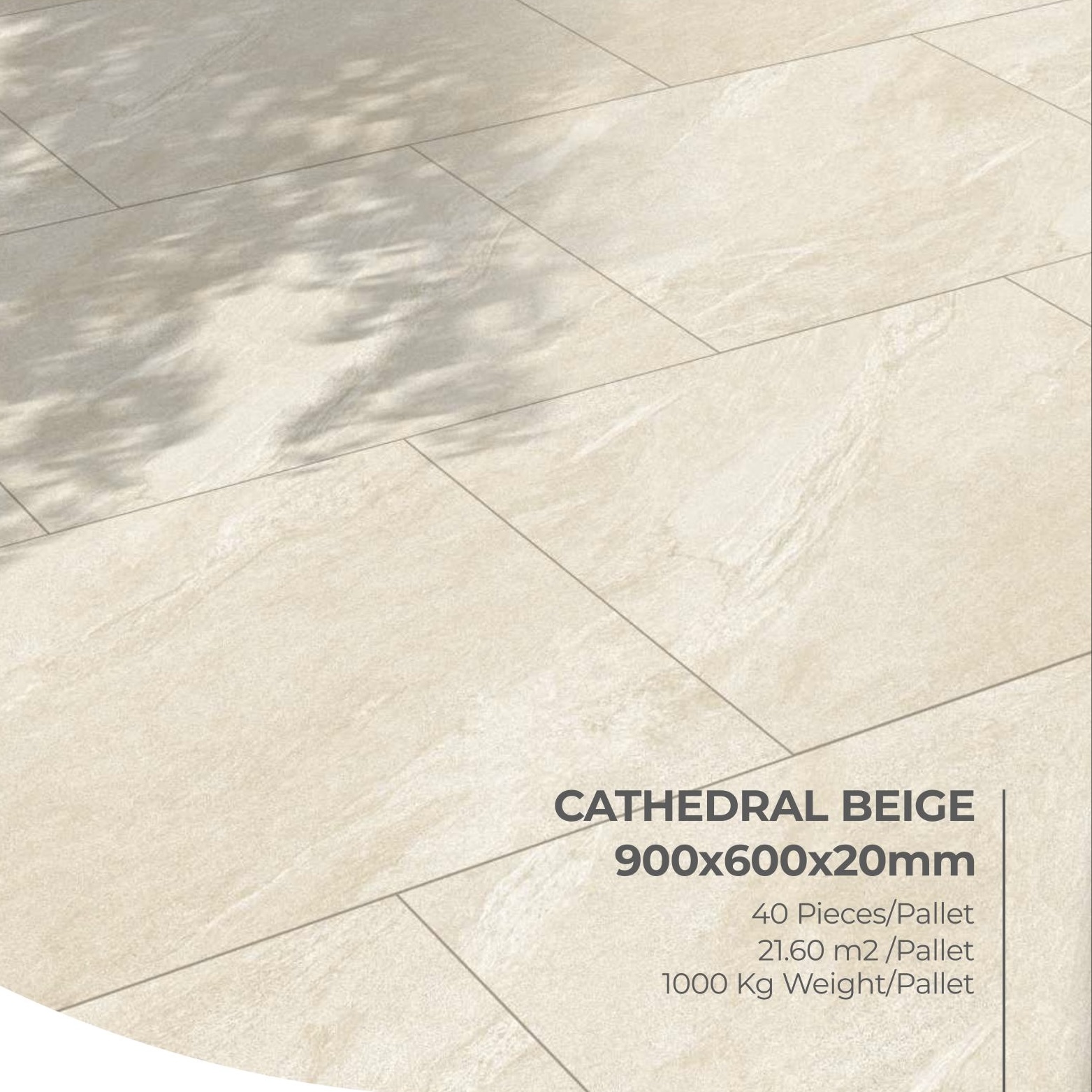 Premier Cathedral Beige 21.6m² Porcelain Pack: 900x600x20mm beige stone-effect tiles with marble veining, supplied in a staggered pattern. 40 pieces per pallet, covers 21.60 m², total pallet weight 1000 kg.