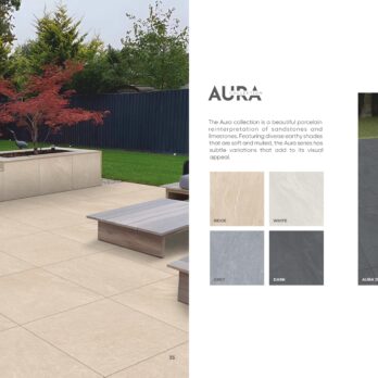 Outdoor patio with large Aura Beige Porcelain 600x600x20mm Pack tiles, wooden benches, potted plants, and a red-leafed tree. On the right, four square samples display beige, white, grey, and dark tile variants.