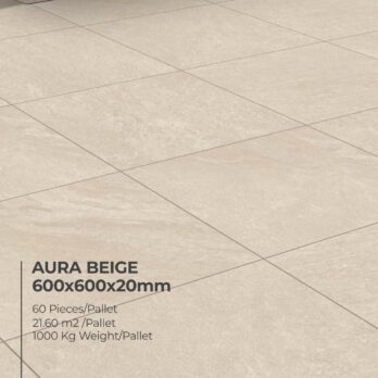 Aura Beige Porcelain 600x600x20mm Pack: beige ceramic floor tiles with subtle texture, grid pattern. 60 Pieces/Pallet, covers 21.60 m², total weight 1000 kg per pallet.