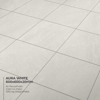 Light gray Aura White Porcelain floor tiles, 600x600x20mm, arranged in a grid. Pack contains 60 pieces/pallet, covers 21.60 m²/pallet, weighs 1000 kg pallet.
