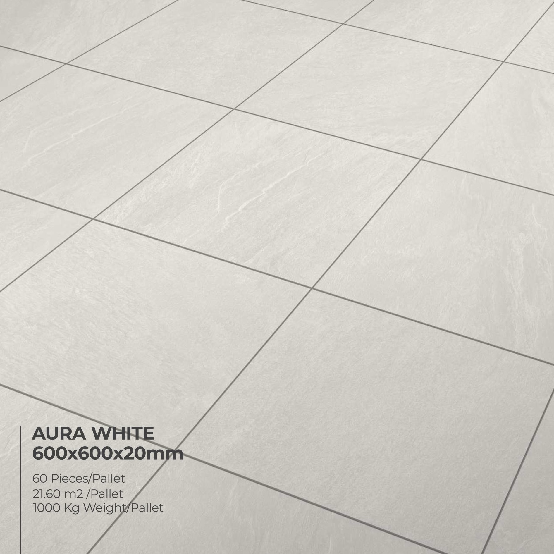 Light gray Aura White Porcelain floor tiles, 600x600x20mm, arranged in a grid. Pack contains 60 pieces/pallet, covers 21.60 m²/pallet, weighs 1000 kg pallet.