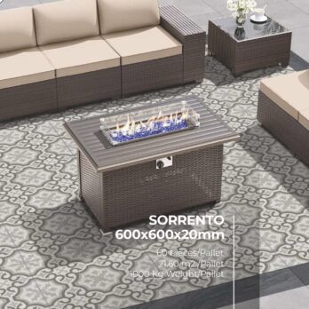 Outdoor patio with wicker furniture, beige cushions, and a fire pit table on a geometric rug. Text overlay features the "Premier Decor Sorrento 21.60m2 Porcelain Pack," pairing perfectly with oakwood plank tiles in walnut.