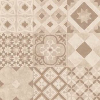 A grid of nine Premier Decor Valencia 600x600mm porcelain tiles displays unique beige and light brown symmetrical geometric and floral patterns in soft, muted tones—each tile features a distinct decor.