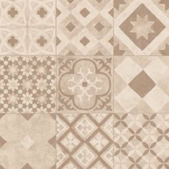A grid of nine Premier Decor Valencia 600x600mm porcelain tiles displays unique beige and light brown symmetrical geometric and floral patterns in soft, muted tones—each tile features a distinct decor.