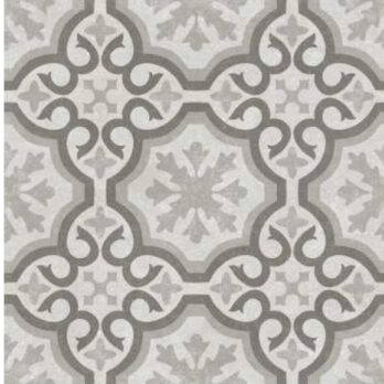 The Premier Decor Sorrento 21.60m² Porcelain Pack features a gray and white ornate geometric tile pattern that pairs elegantly with oakwood planks, creating a vintage-inspired look with classic curves and angles.