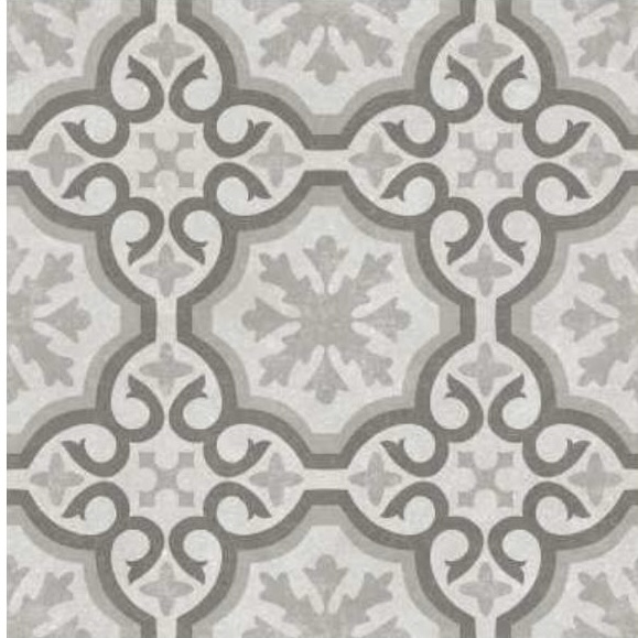The Premier Decor Sorrento 21.60m² Porcelain Pack features a gray and white ornate geometric tile pattern that pairs elegantly with oakwood planks, creating a vintage-inspired look with classic curves and angles.