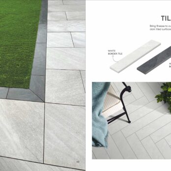 A garden with light gray tiles edged by Premier Boarder Porcelain Tile White 900 x 150 x 20mm next to grass, plus a catalog page displaying white border tiles and a patio with herringbone tile layout.