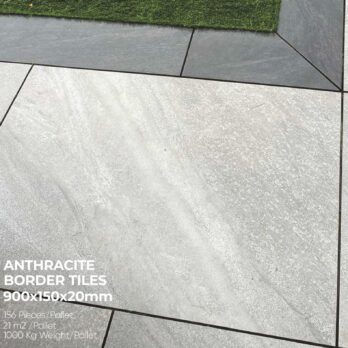 Close-up of pale grey tiles edged with Premier Boarder Porcelain Tile Anthracite 900 x 150 x 20mm by lush grass. Details include pallet quantity, area, weight; highlighted text: "ANTHRACITE BORDER TILES 900x150x20mm.