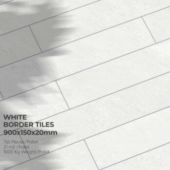 Premier Boarder Porcelain Tile White 900 x 150 x 20mm shown in a staggered pattern with soft shadows. Text lists tile size, pallet quantity (156 pcs), coverage (21 m²), and total weight (1000 kg).