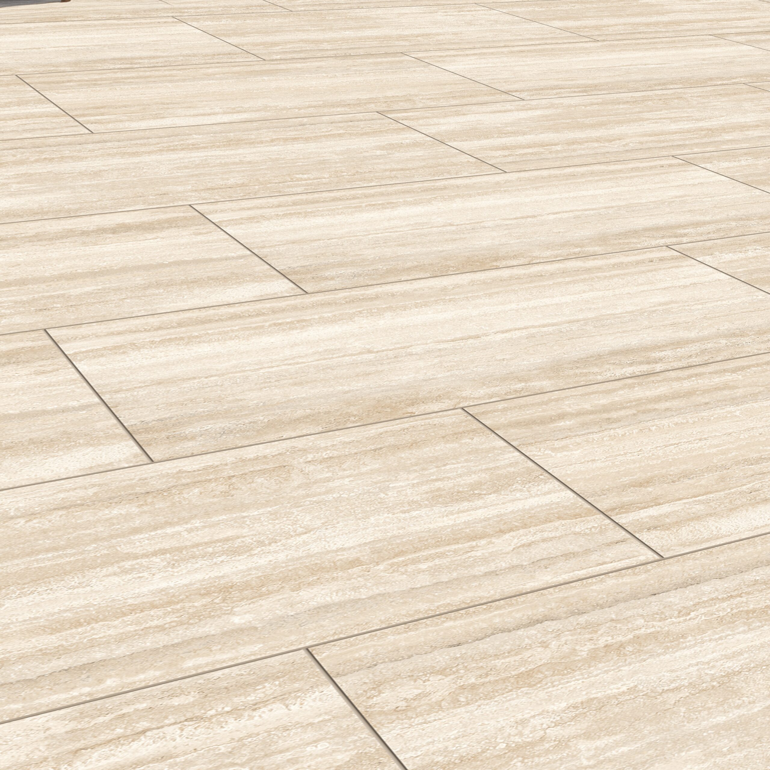 The Premier Grande Travertine Gold 21.6m2 Porcelain Pack features light beige tiles in a staggered layout, offering a clean, modern look with stone-like texture—ideal for adding elegant porcelain style to any space.