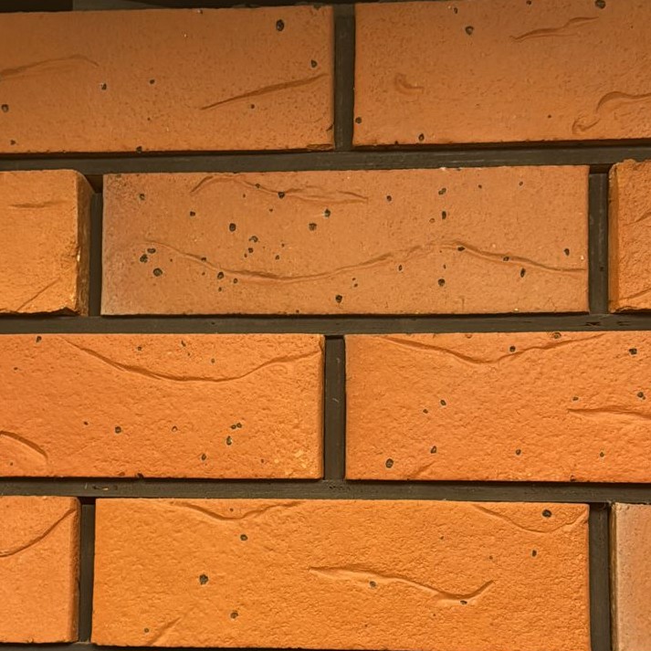Close-up of a Commons Faced Brick 65mm wall with dark mortar, showing an orange surface with small black specks, a slightly rough texture, and shallow wavy indentations.