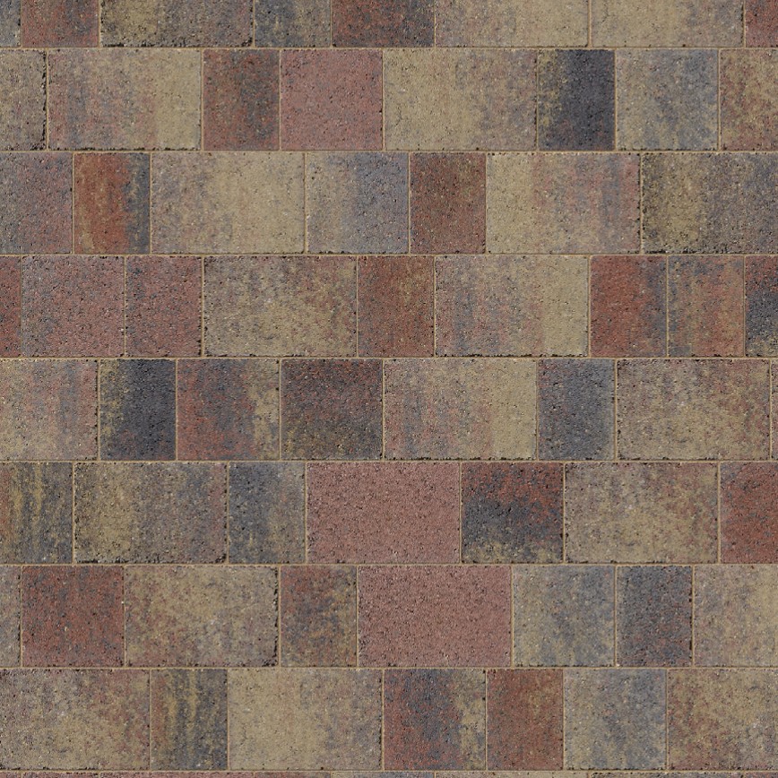 Kilsaran Lismore 50mm Driveway Rustic paving stones, with earthy red, brown, tan, and grey tones, are arranged in a repeating rectangular pattern for a textured, multicoloured driveway surface.