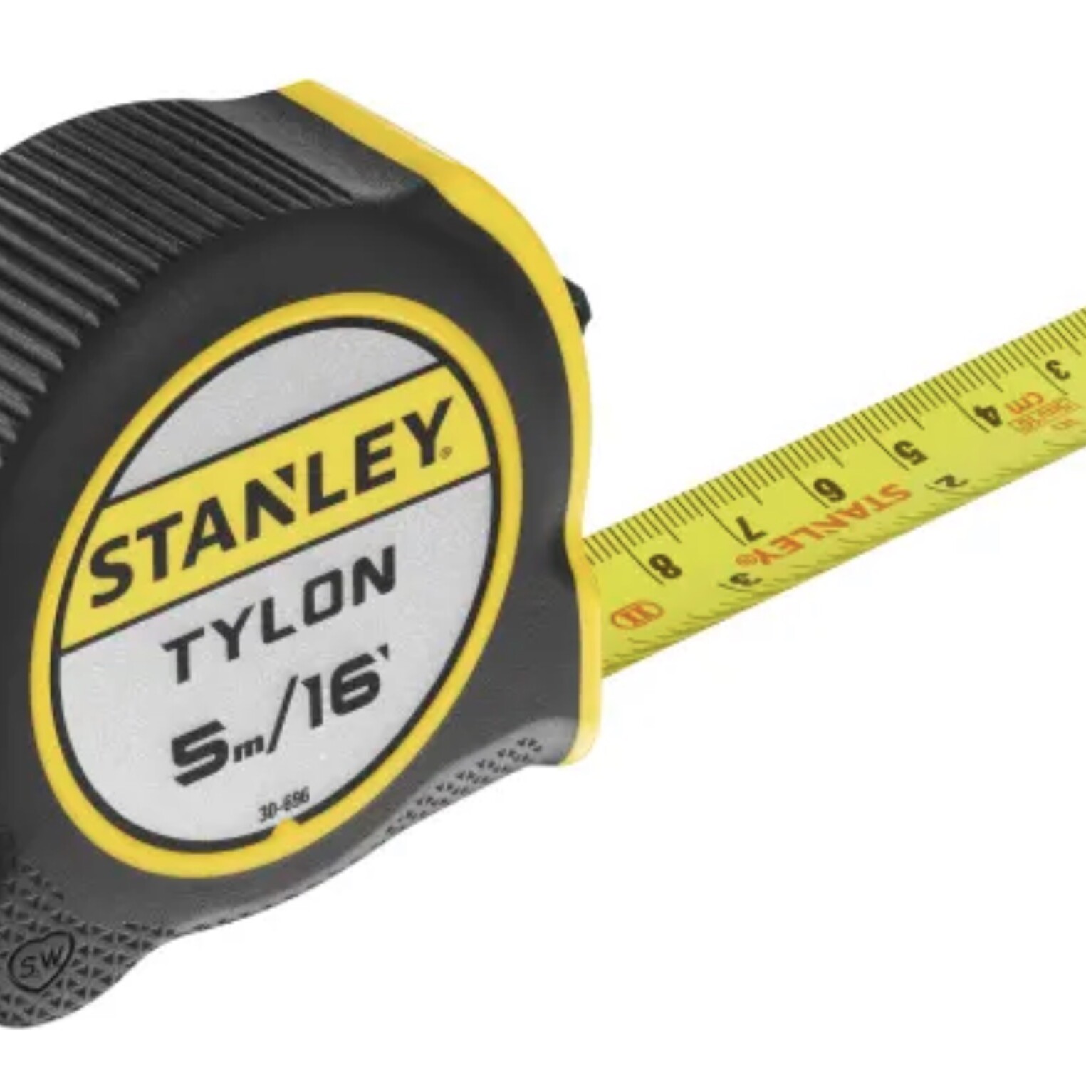 A Tape Measure 5m Stanley Tylon features a black and yellow design with a yellow tape displaying both metric and imperial units—making it an ideal companion to tools like the Club Hammer Fibreglass Handle 1.13kg Weight for taking precise, reliable measurements on any project.
