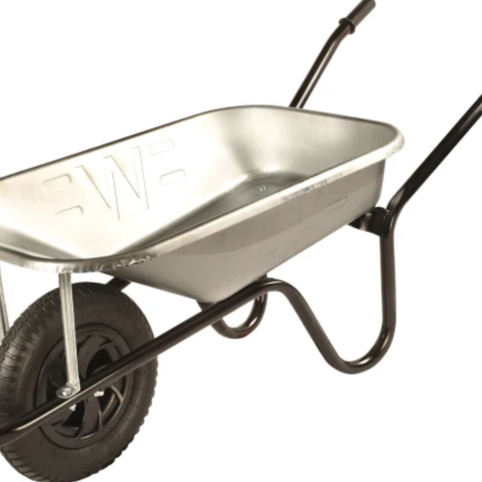 A metal wheelbarrow with a single black front wheel, two black handles, and a shallow basin is shown on a white background, alongside the 12