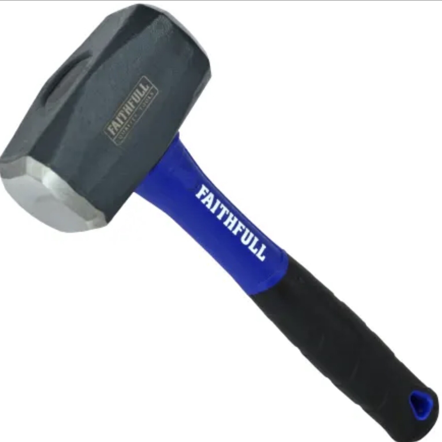 A Faithfull Club Hammer Fibreglass Handle 1.13kg Weight, featuring a black metal head and a blue and black rubber handle with a Safety Grip, is pictured next to a 75mm Brick Bolster against a white background.