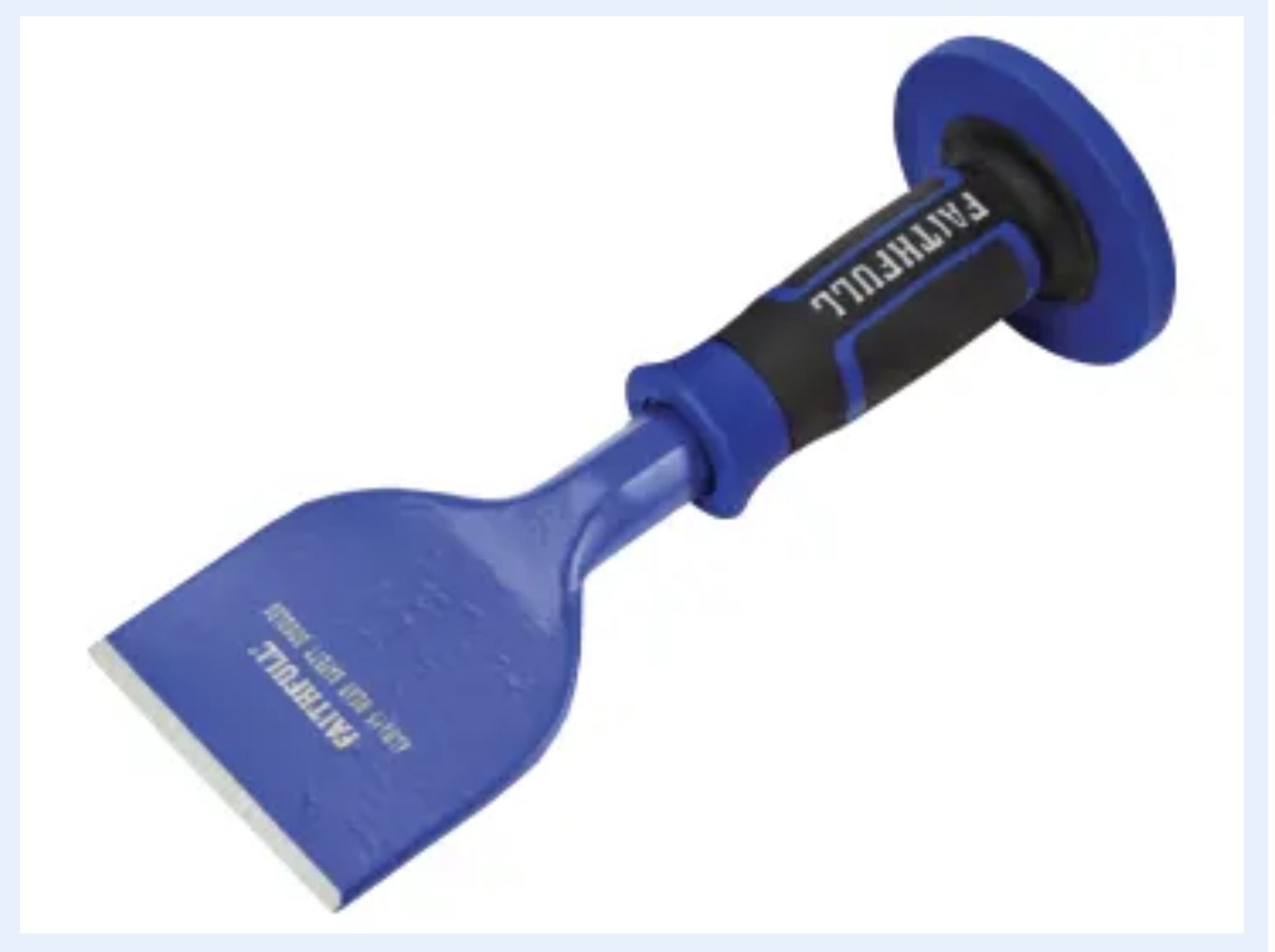 A Brick Bolster 75mm Safety Grip, featuring a wide, flat blade and a durable blue and black design with a protective handle guard, is shown against a plain light background.