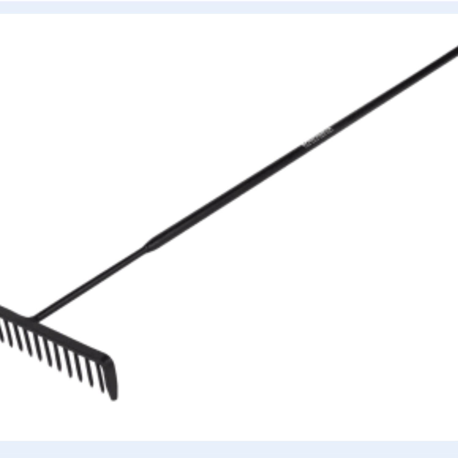 A Rake Heavy Duty 400mm x 1.7m in black, featuring a long handle and a row of sturdy, evenly spaced tines at the end, is designed for levelling soil or gathering leaves.