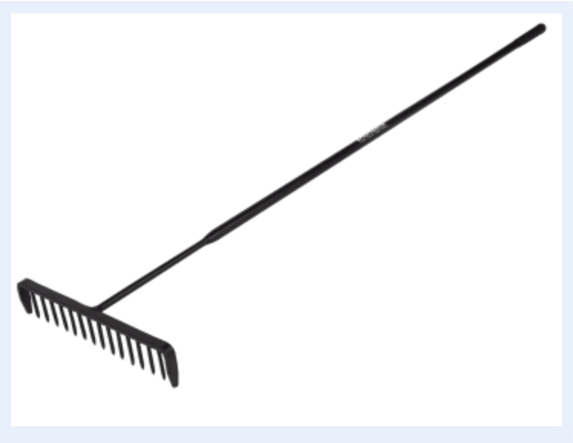 A Rake Heavy Duty 400mm x 1.7m in black, featuring a long handle and a row of sturdy, evenly spaced tines at the end, is designed for levelling soil or gathering leaves.