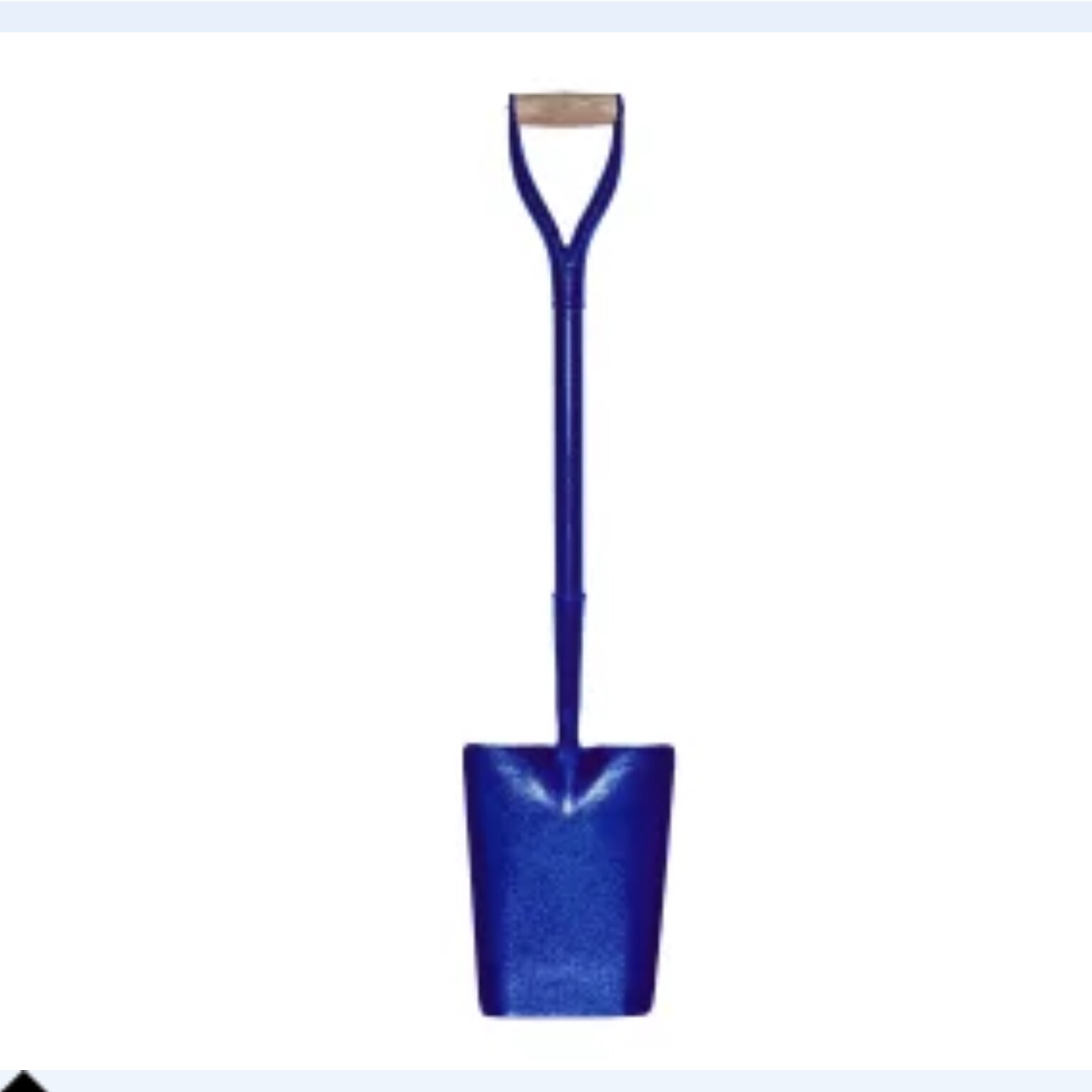 A spade with a blue square blade and a D-shaped wooden handle, displayed upright against a white background.