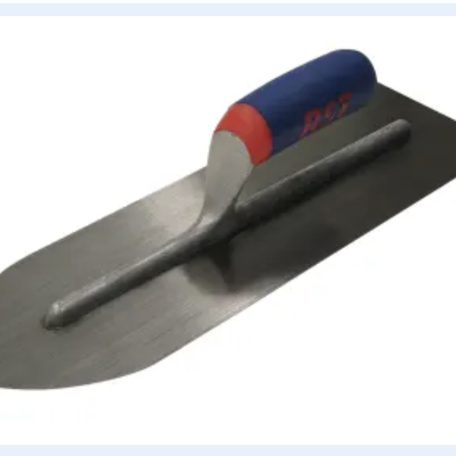 The Trowel Flooring Soft Touch Handle 400 x 114mm features a blue and red soft-touch handle and is typically used in construction and flooring for smoothing or applying materials such as cement or plaster.
