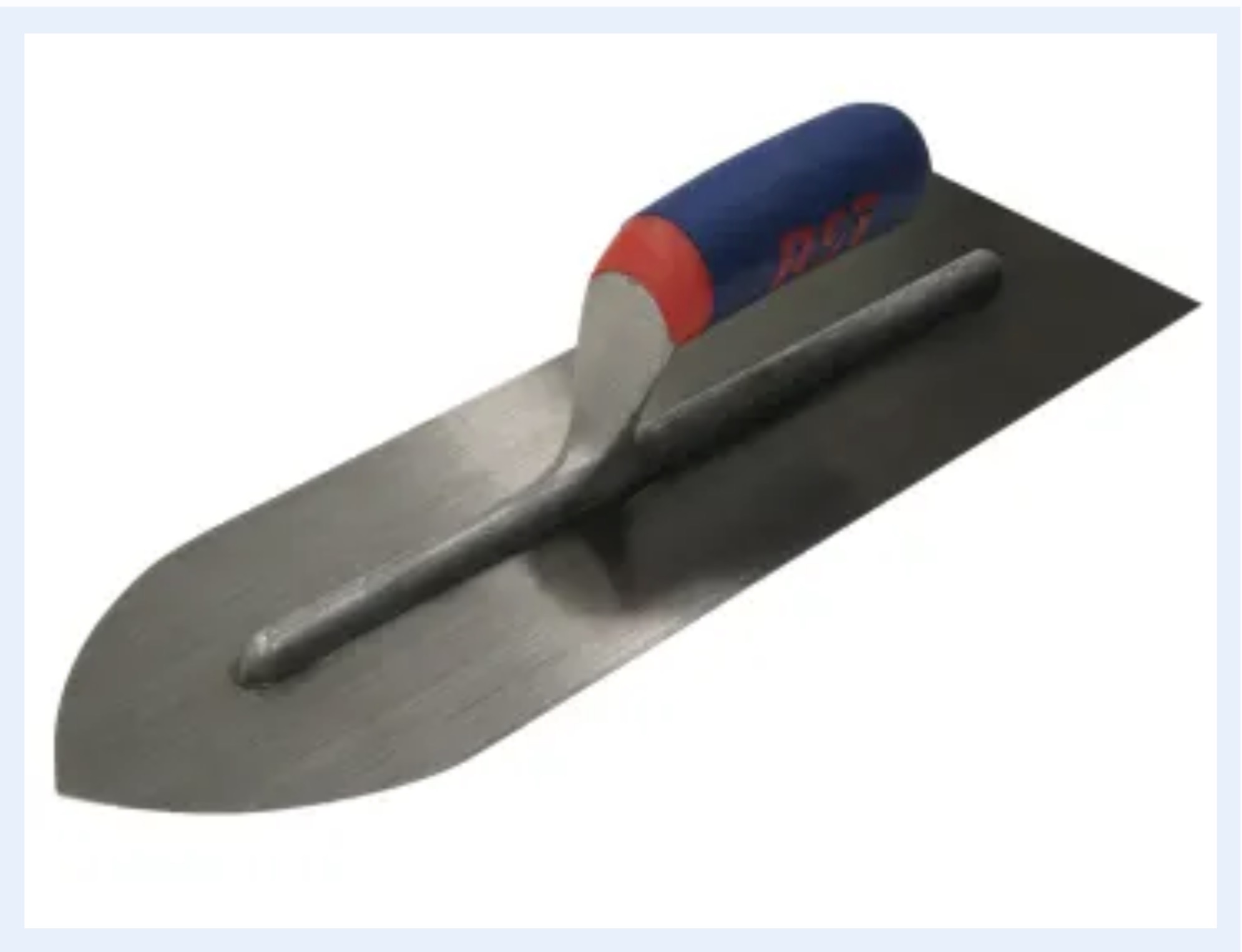 The Trowel Flooring Soft Touch Handle 400 x 114mm features a blue and red soft-touch handle and is typically used in construction and flooring for smoothing or applying materials such as cement or plaster.
