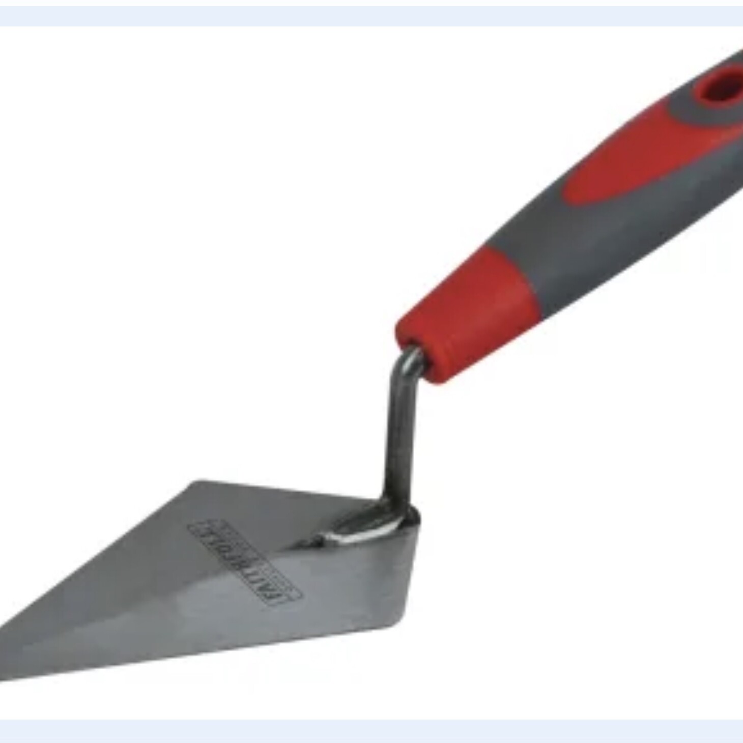 The Trowel Pointing Soft Grip Handle 150mm features a red and grey soft grip handle and a 150mm metal triangular blade, providing comfort and precision for bricklaying or masonry tasks.