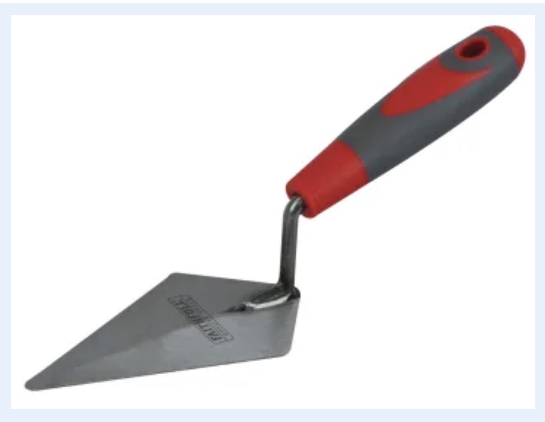 The Trowel Pointing Soft Grip Handle 150mm features a red and grey soft grip handle and a 150mm metal triangular blade, providing comfort and precision for bricklaying or masonry tasks.