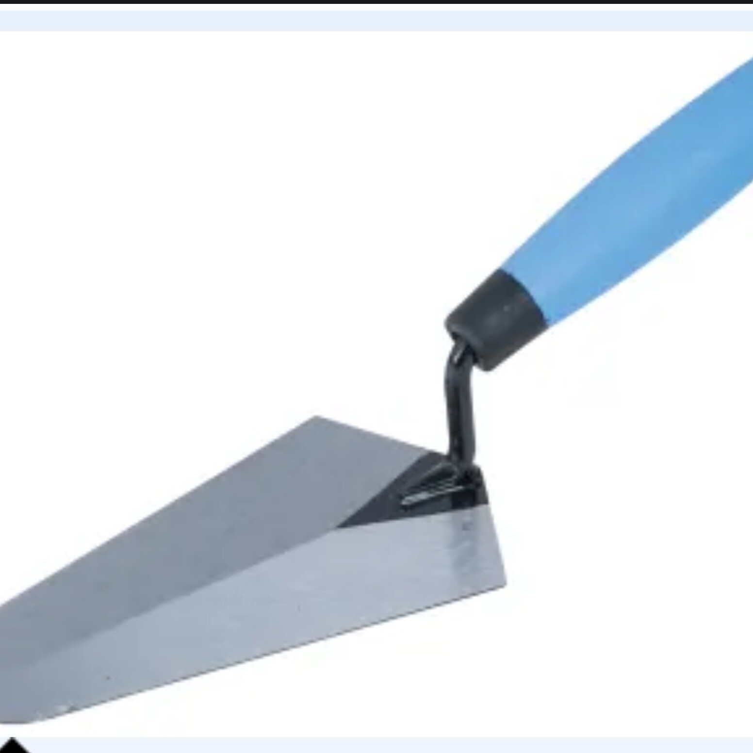 A metal trowel with a flat blade and a blue soft grip handle, the Trowel Gauging Soft Grip Handle 180mm is commonly used for masonry or gardening tasks.