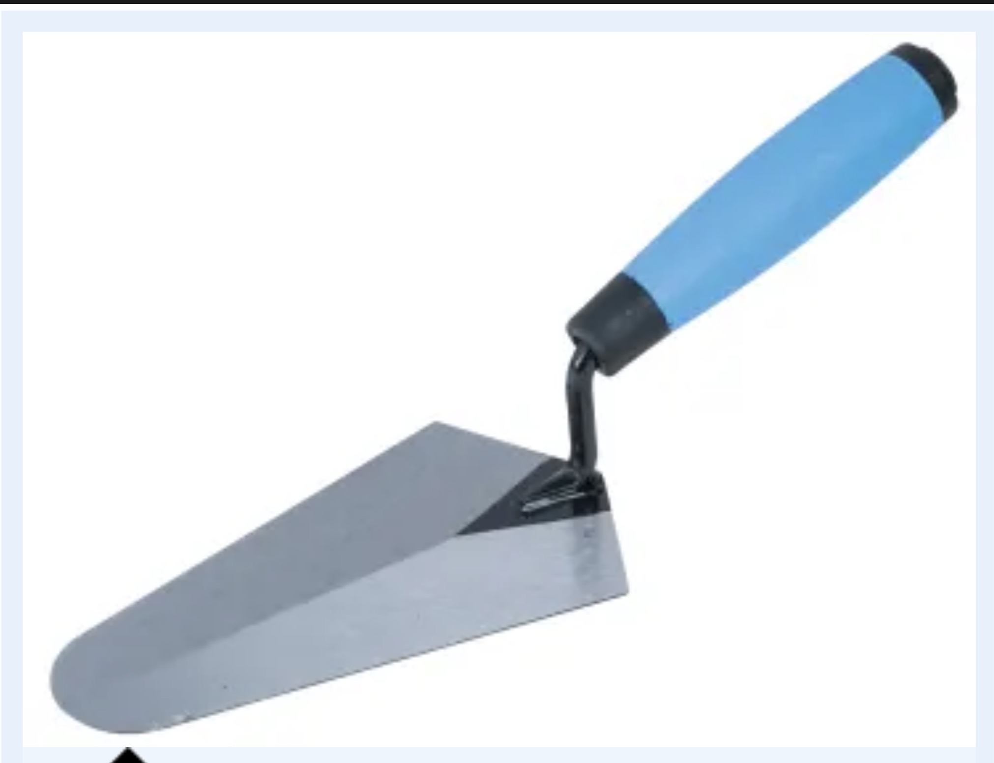 A metal trowel with a flat blade and a blue soft grip handle, the Trowel Gauging Soft Grip Handle 180mm is commonly used for masonry or gardening tasks.