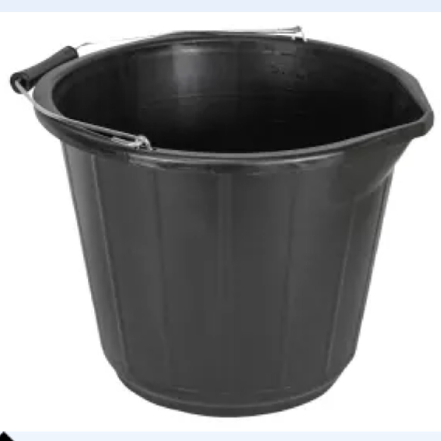 A black plastic bucket general purpose 14 litre (3 gallon) with a metal handle and a spout on one side, displayed against a plain light background.
